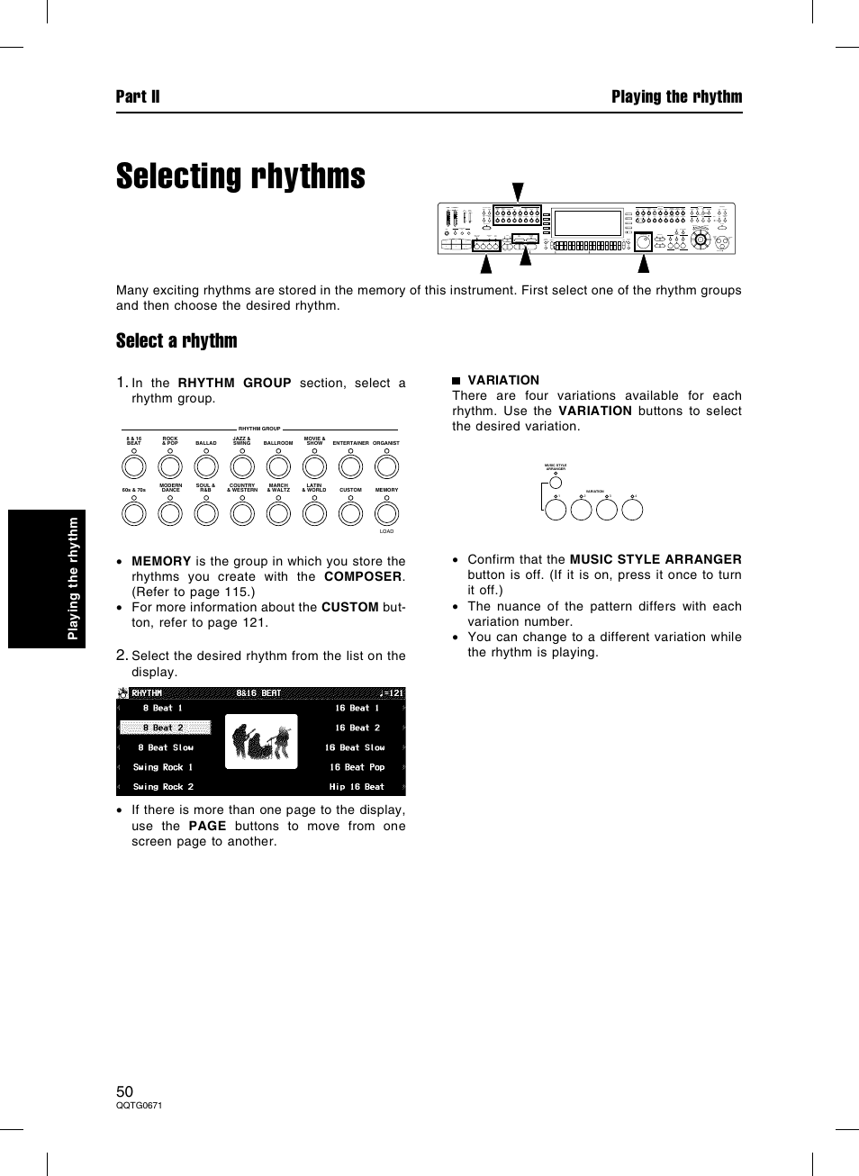 Selecting rhythms, Select a rhythm, Part ii playing the rhythm | Panasonic SX-KN7000 User Manual | Page 50 / 211