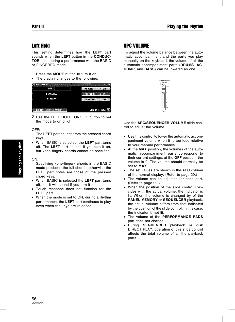 Left hold, Apc volume, Part ii playing the rhythm | Panasonic SX-KN7000 User Manual | Page 56 / 211