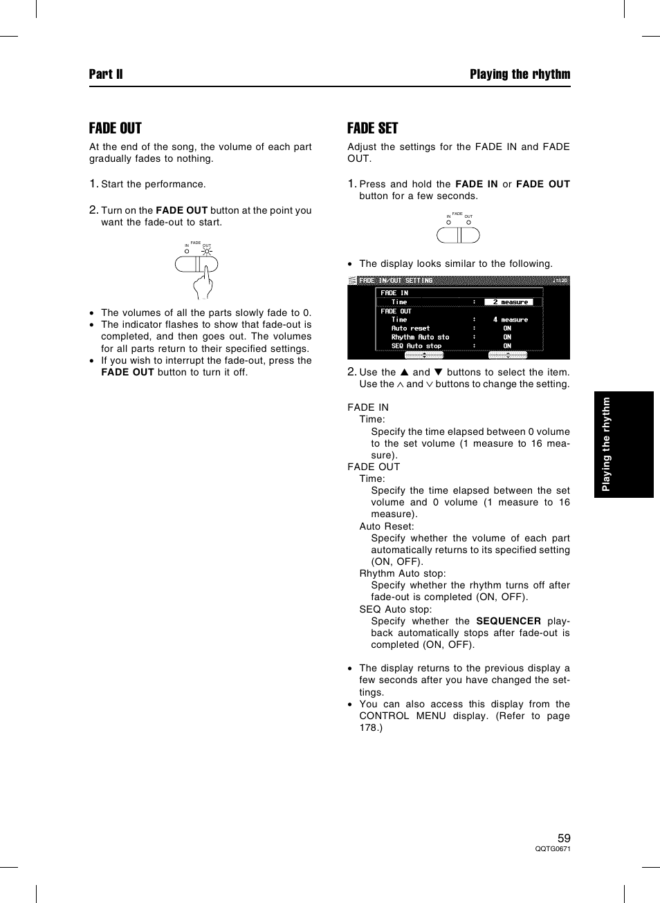 Fade out, Fade set, Part ii playing the rhythm | Panasonic SX-KN7000 User Manual | Page 59 / 211