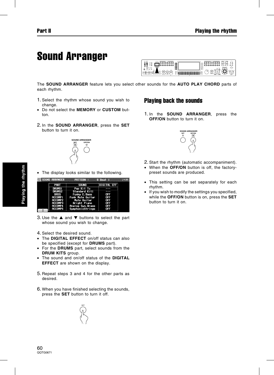 Sound arranger, Playing back the sounds, Part ii playing the rhythm | Panasonic SX-KN7000 User Manual | Page 60 / 211