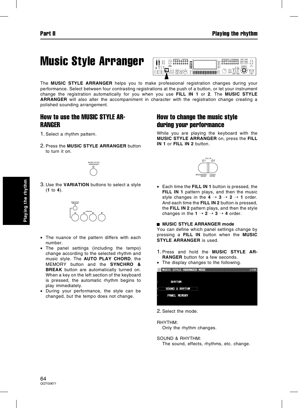 Music style arranger, How to use the music style ar- ranger, Part ii playing the rhythm | Panasonic SX-KN7000 User Manual | Page 64 / 211