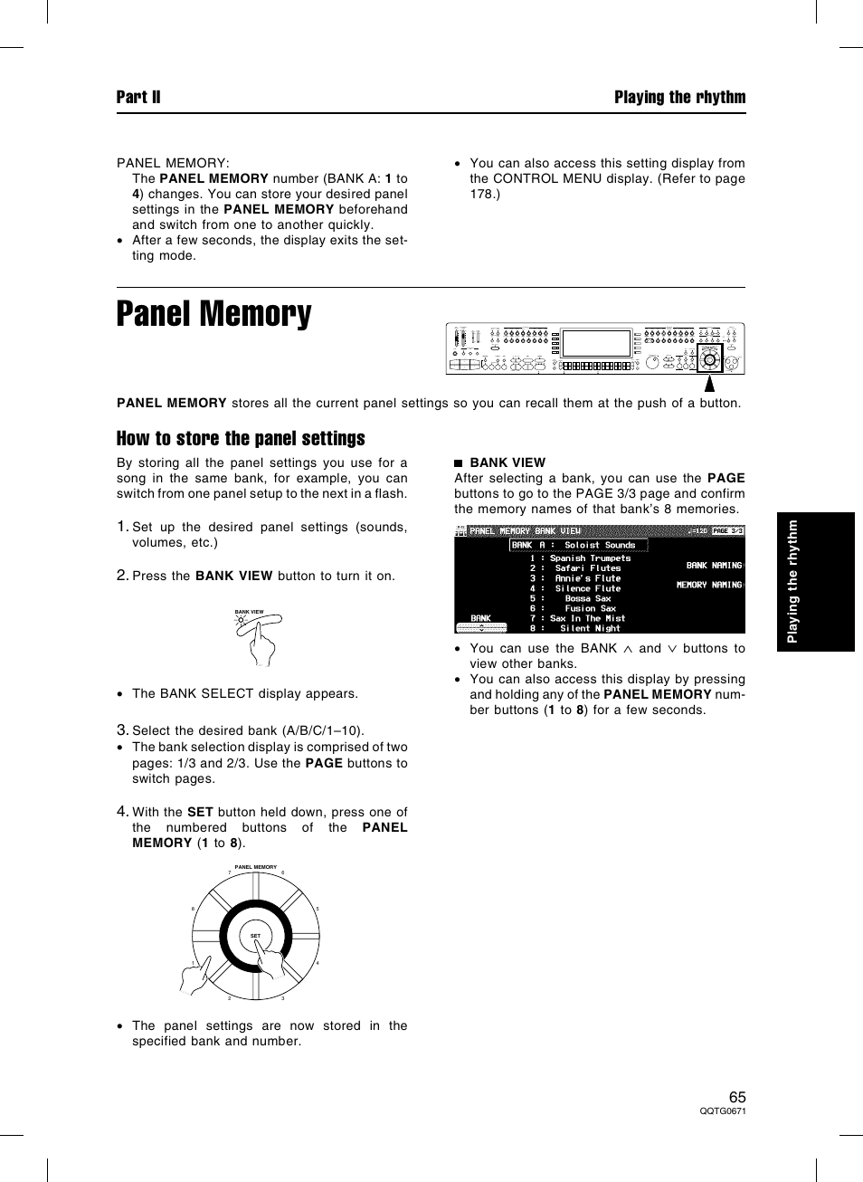 How to store the panel settings, Part ii playing the rhythm | Panasonic SX-KN7000 User Manual | Page 65 / 211