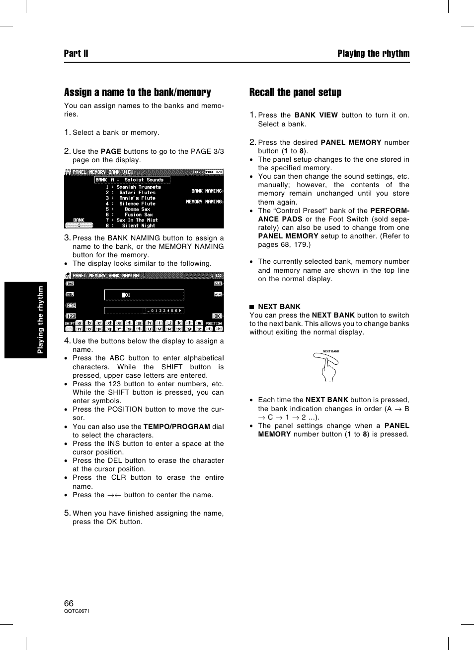 Recall the panel setup, Part ii playing the rhythm | Panasonic SX-KN7000 User Manual | Page 66 / 211