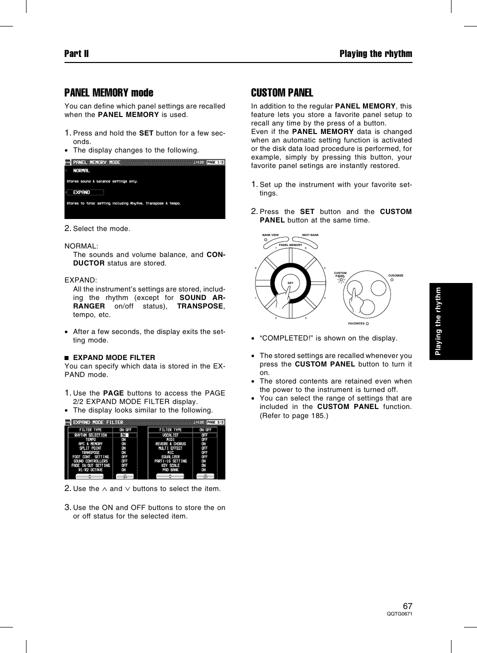 Custom panel, Part ii playing the rhythm | Panasonic SX-KN7000 User Manual | Page 67 / 211