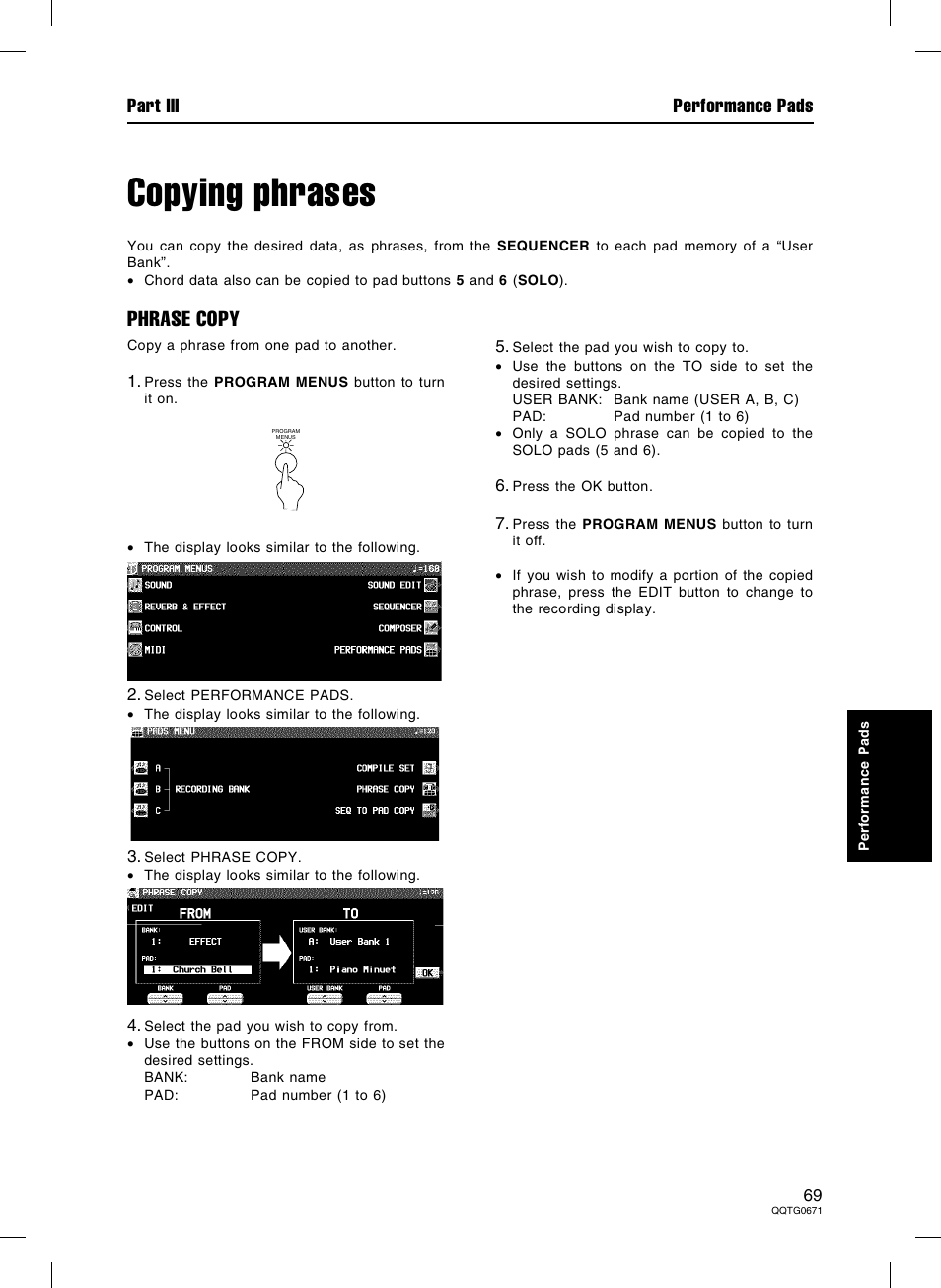 Copying phrases, Phrase copy, Part iii performance pads | Panasonic SX-KN7000 User Manual | Page 69 / 211