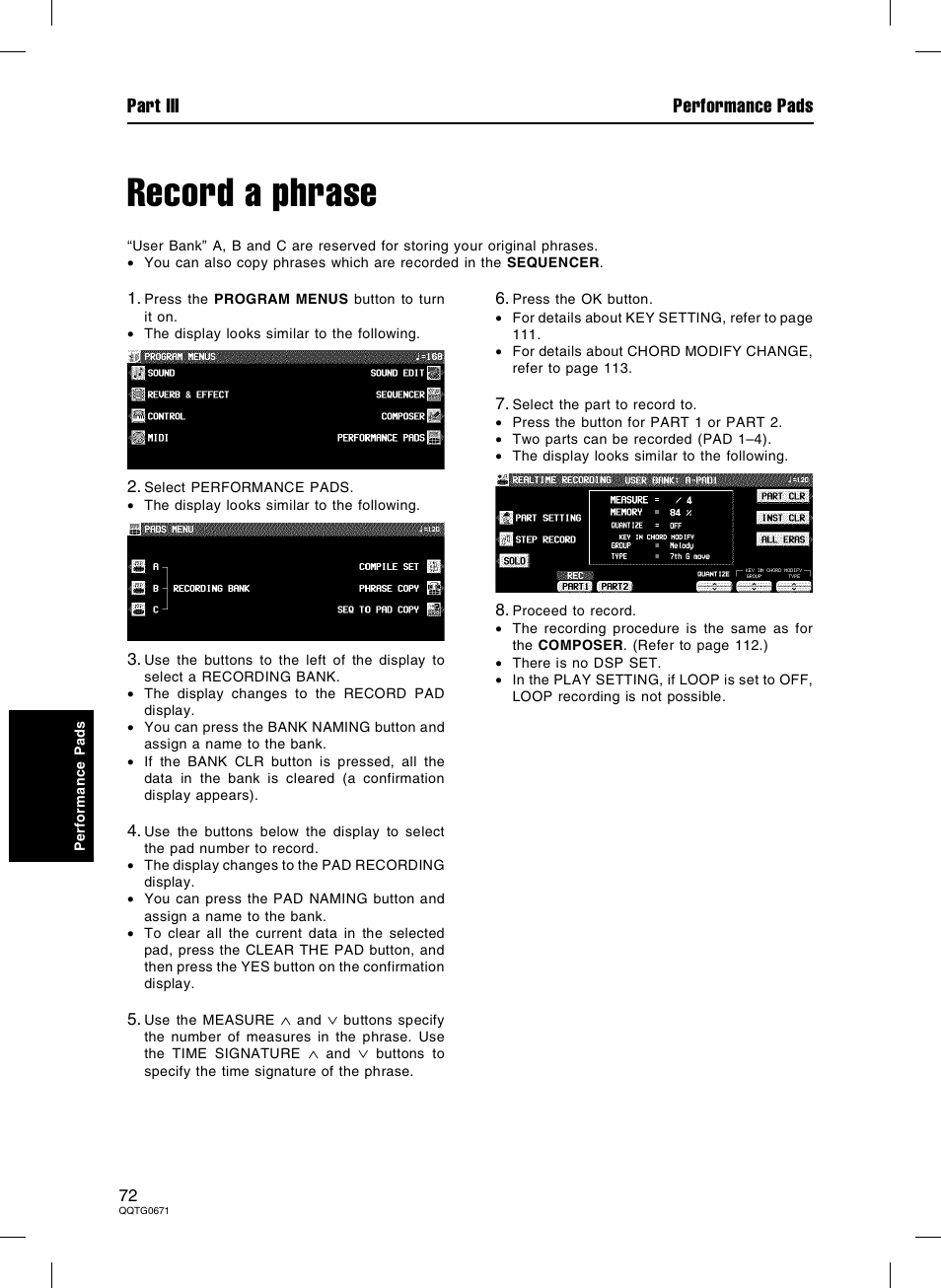 Record a phrase, Part iii performance pads | Panasonic SX-KN7000 User Manual | Page 72 / 211