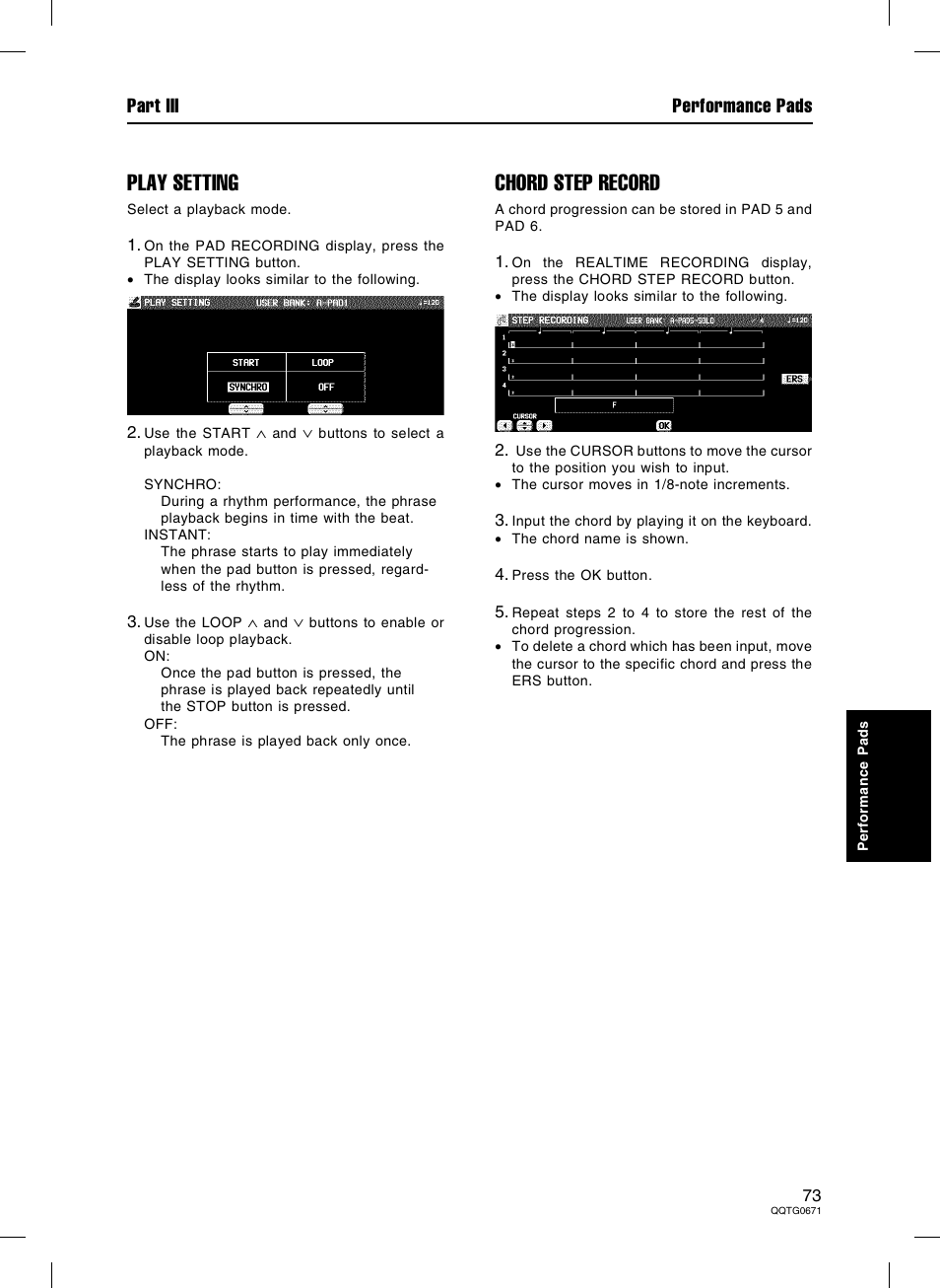 Play setting, Chord step record, Part iii performance pads | Panasonic SX-KN7000 User Manual | Page 73 / 211