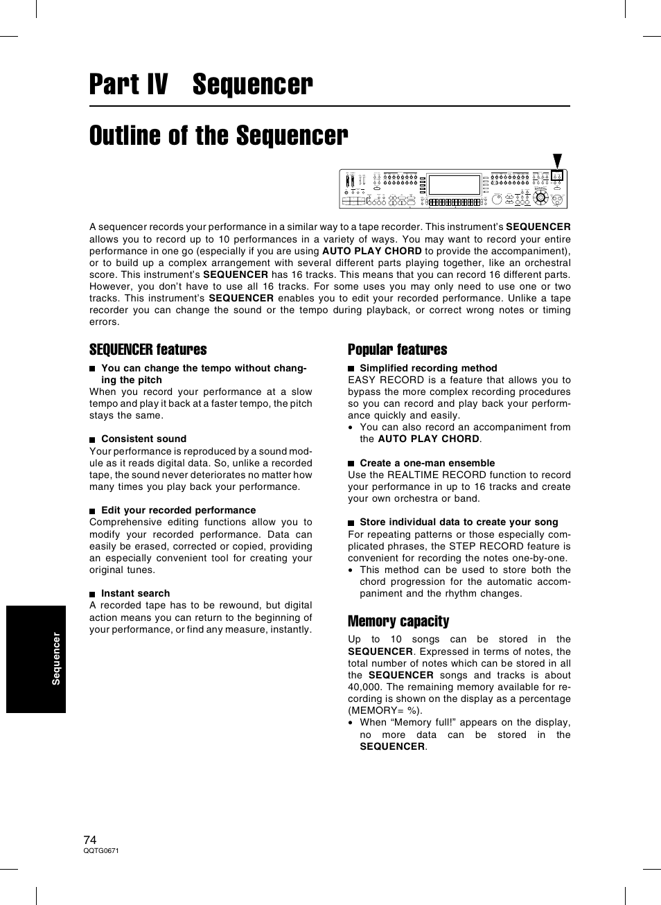 Part iv sequencer, Outline of the sequencer, Sequencer features | Popular features | Panasonic SX-KN7000 User Manual | Page 74 / 211