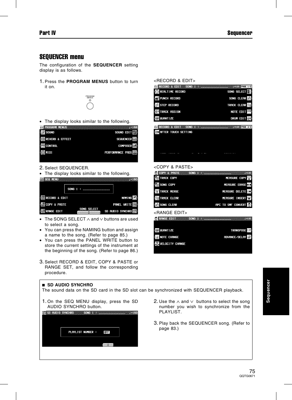 Sequencer menu, Part iv sequencer | Panasonic SX-KN7000 User Manual | Page 75 / 211