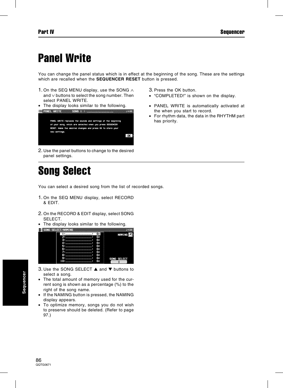 Panel write, Song select | Panasonic SX-KN7000 User Manual | Page 86 / 211