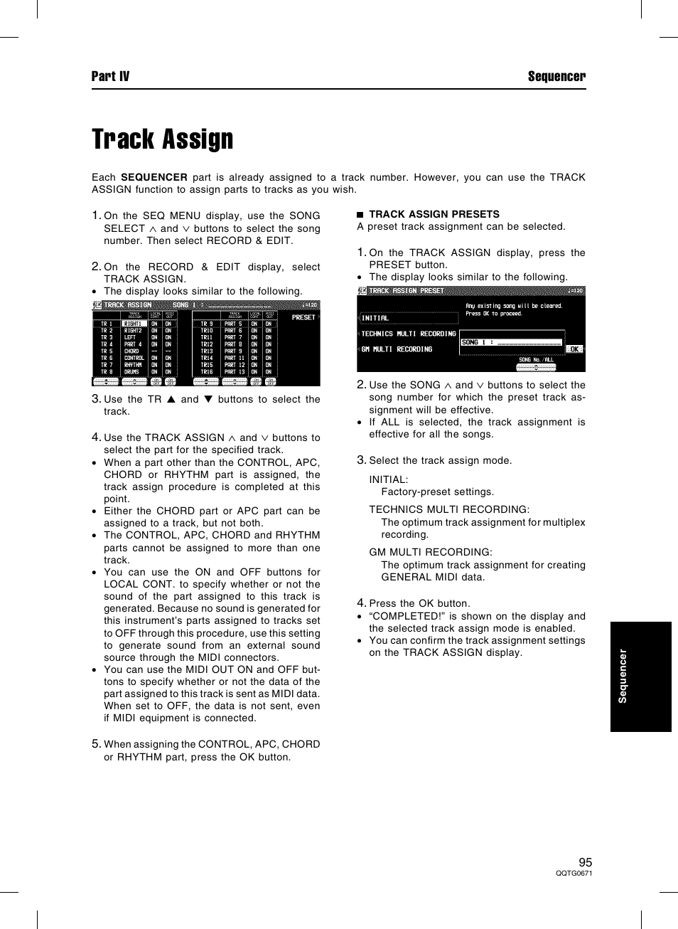 Track assign, Part iv sequencer | Panasonic SX-KN7000 User Manual | Page 95 / 211