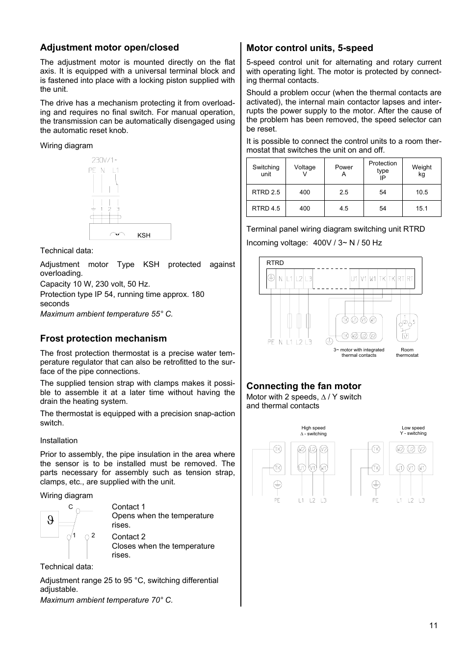 Adjustment motor open/closed, Frost protection mechanism, Motor control units, 5-speed | Connecting the fan motor | Panasonic PWW 4000 User Manual | Page 11 / 16