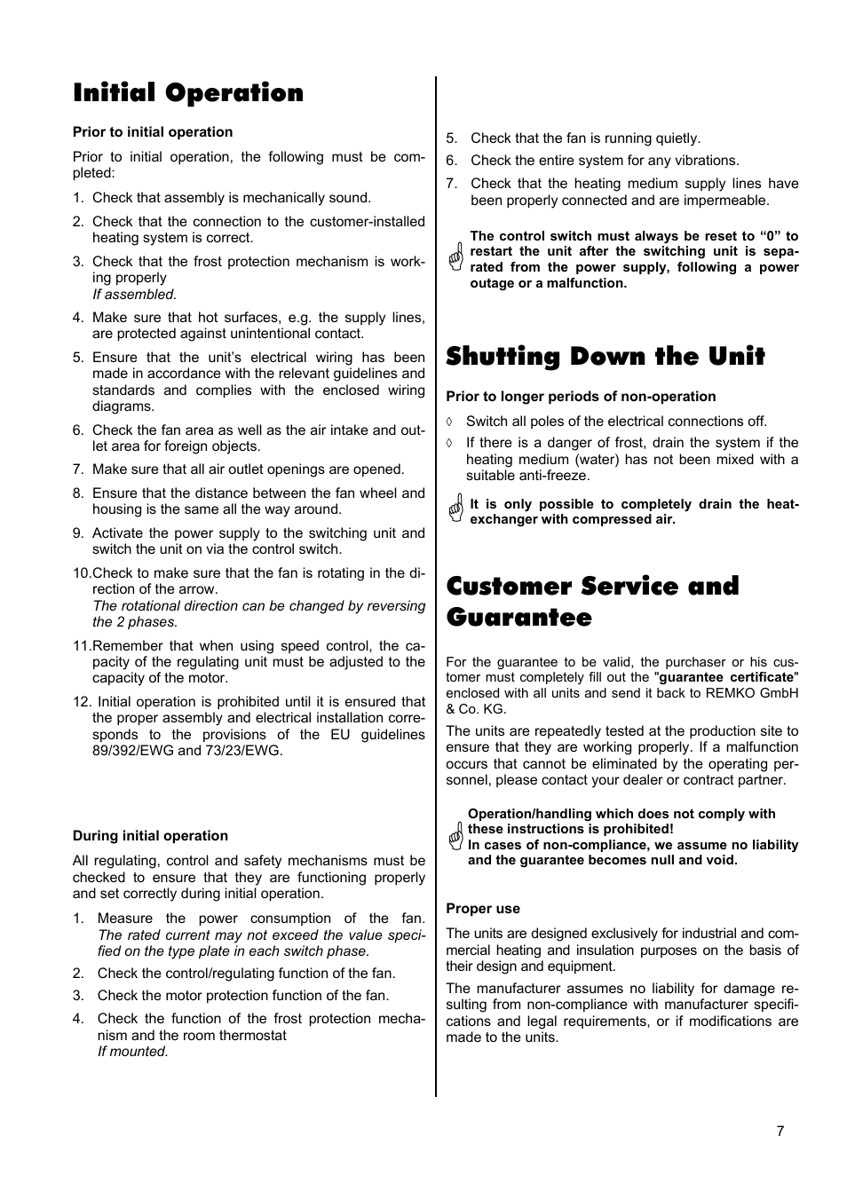 Initial operation, Shutting down the unit, Customer service and guarantee | Panasonic PWW 4000 User Manual | Page 7 / 16