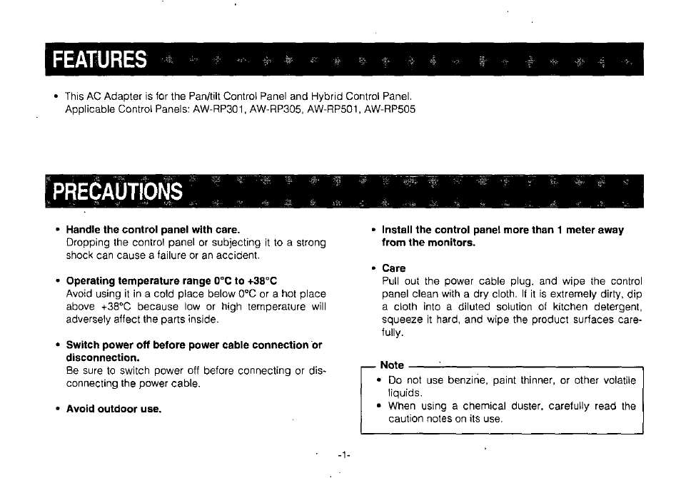 Features, Precautions | Panasonic AC ADAPTOR AW-PS301 User Manual | Page 3 / 8