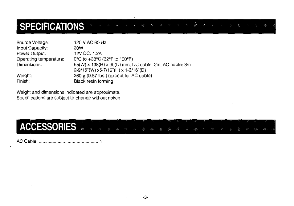 Specifications, Accessories | Panasonic AC ADAPTOR AW-PS301 User Manual | Page 5 / 8