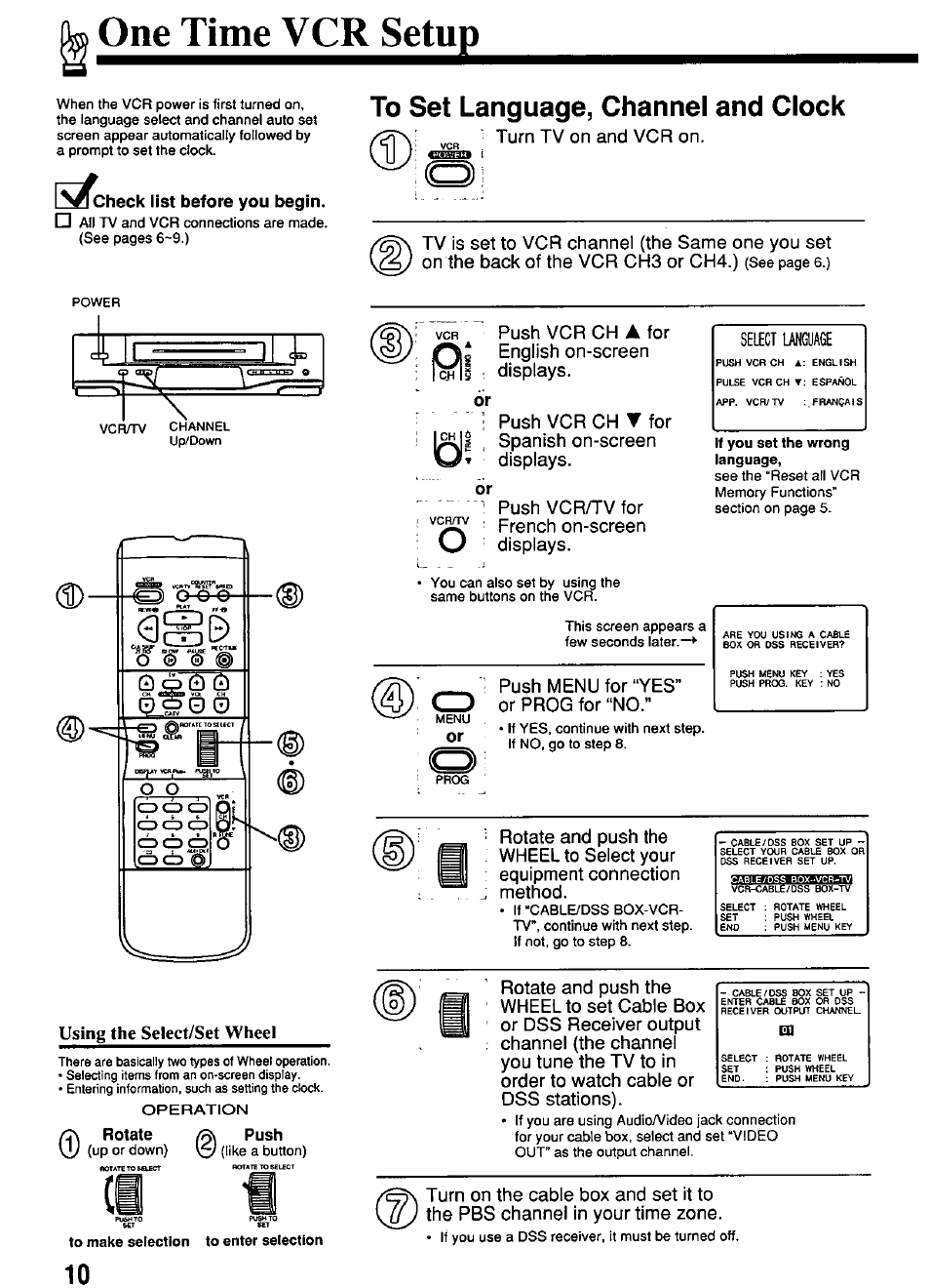 One^timev^rsetug, Iv^check list before you begin, To set language, channel and clock | Push, Using the select/set wheel, Rotate, Select language | Panasonic PV-4614 User Manual | Page 10 / 32