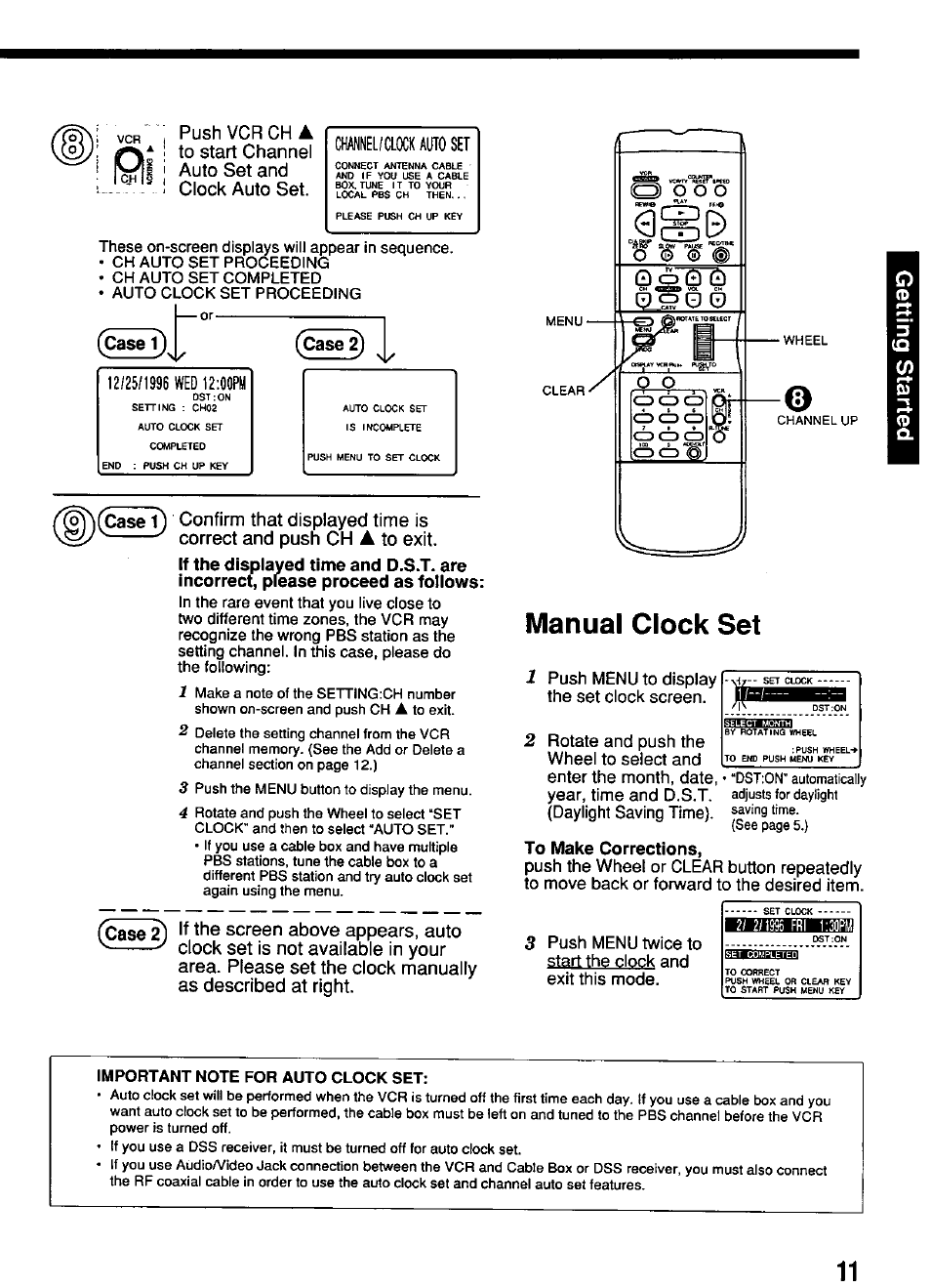 Manual clock set, To make corrections, Channel/clockalitoset | Panasonic PV-4614 User Manual | Page 11 / 32