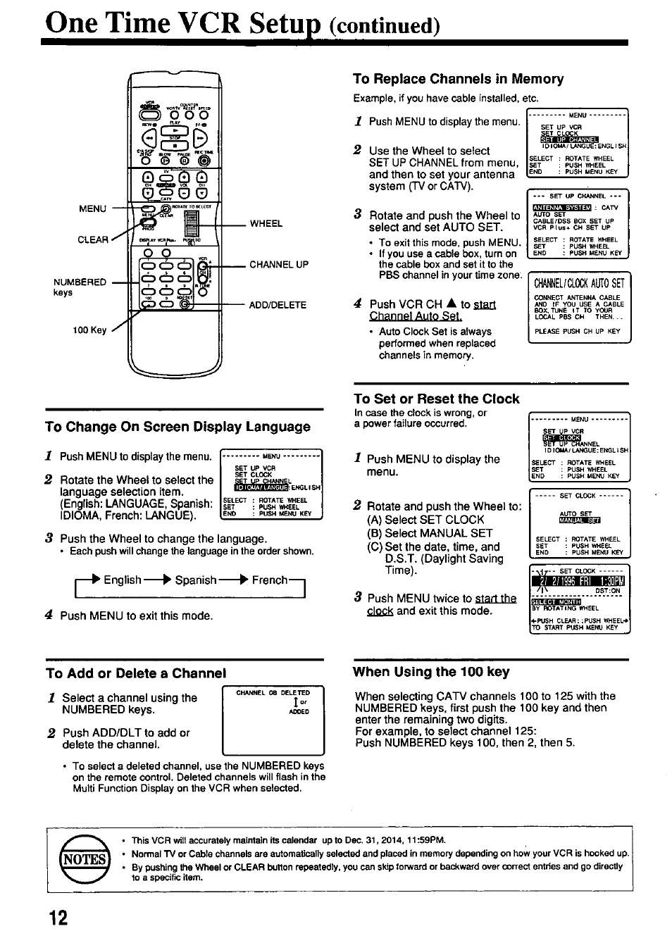 To change on screen display language, To add or delete a channel, To replace channels in memory | To set or reset the clock, When using the 100 key, On^tiin^vcrsetu^^con | Panasonic PV-4614 User Manual | Page 12 / 32