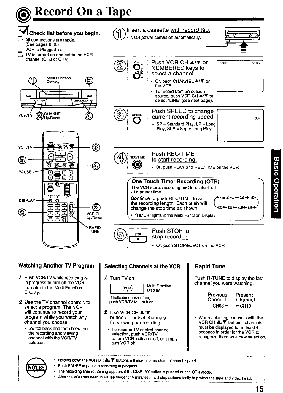 Check list before you begin, Insert a cassette with record tab, Push recytime , . to start recording | One touch timer recording (otr), Watching another tv program, Selecting channels at the vcr, Rapid tune, One touch recording (otr), Record on a tape | Panasonic PV-4614 User Manual | Page 15 / 32