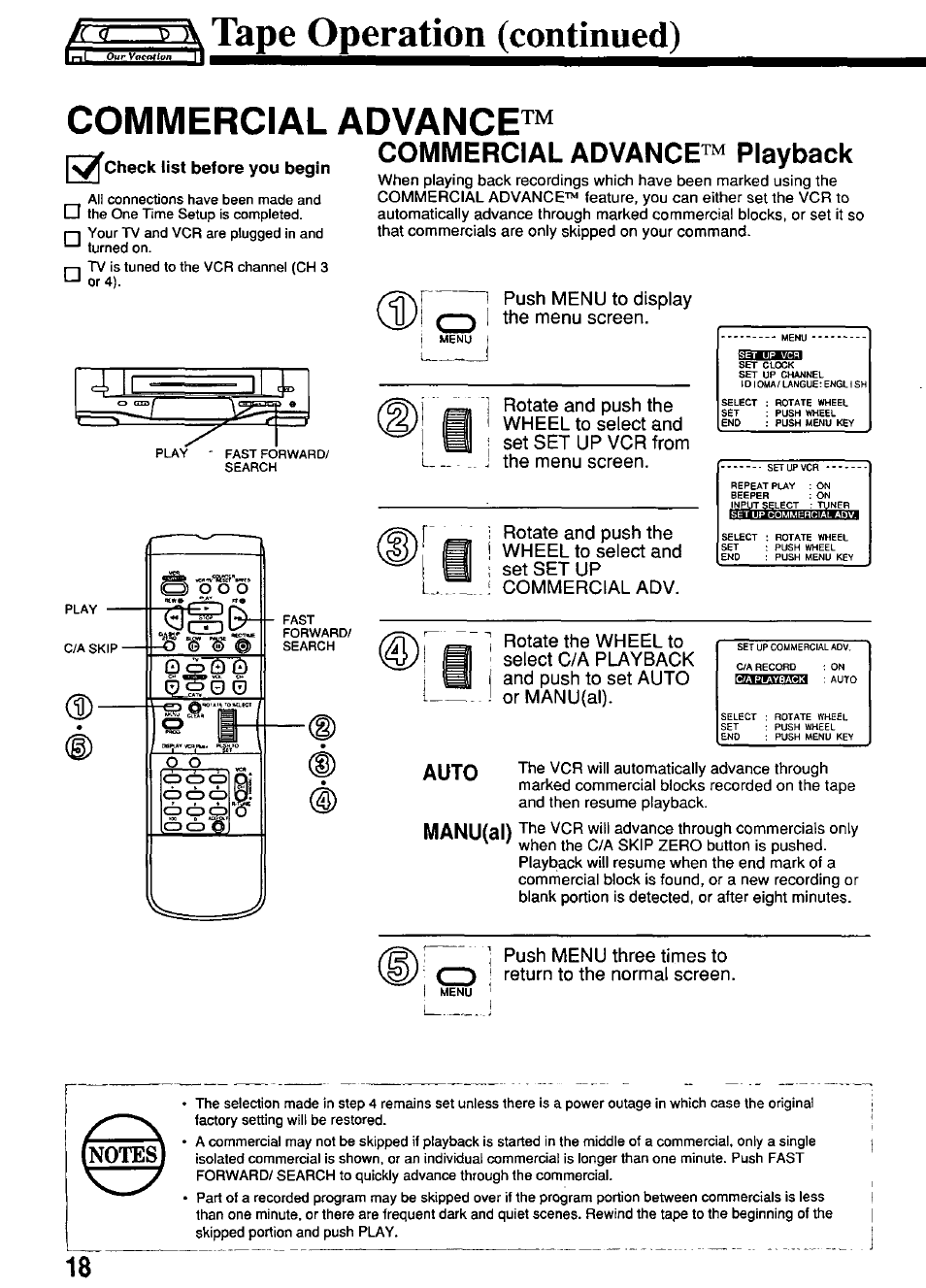 1—^ k tape operation (continued), Commercial, Advance | Commercial advance™ playback, Tape operation (continued) commercial, Auto, Manu(ah | Panasonic PV-4614 User Manual | Page 18 / 32