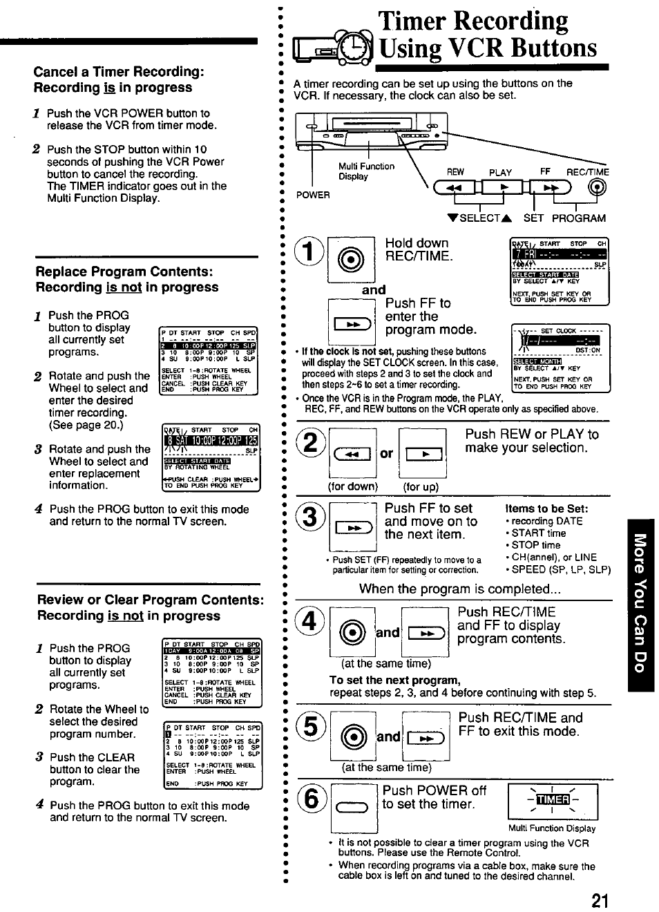 Cancel a timer recording: recording in progress, Timer recording using vcr buttons, Items to be set | Panasonic PV-4614 User Manual | Page 21 / 32