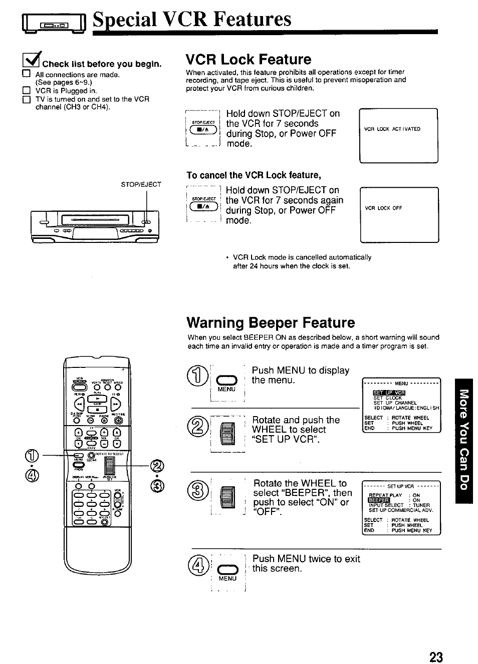 Vcr lock feature, To cancel the vcr lock feature, Warning beeper feature | Specialvcrfeatui, We> ®i, Check list before you begin | Panasonic PV-4614 User Manual | Page 23 / 32
