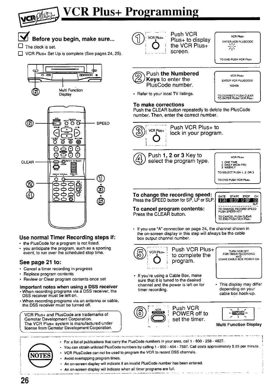 Vcr plus+ programming, Before you begin, make sure, Use normal timer recording steps if | To make corrections, To change the recording speed, To cancel program contents, Is w, O o o, See page 21 to, The numbered keys | Panasonic PV-4614 User Manual | Page 26 / 32