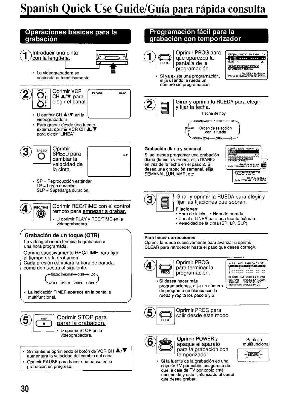 Operaciones básicas para la grabación, Grabación de un toque (otr), Spanish quick use guide/guia para rápida consulta | Panasonic PV-4614 User Manual | Page 30 / 32