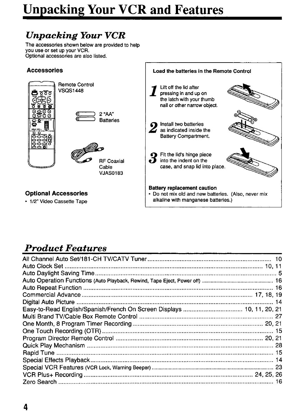 Unpacking your vcr and features, Accessories, Optional accessories | Unpacking your vcr, Product features, Nil ^ i | Panasonic PV-4614 User Manual | Page 4 / 32
