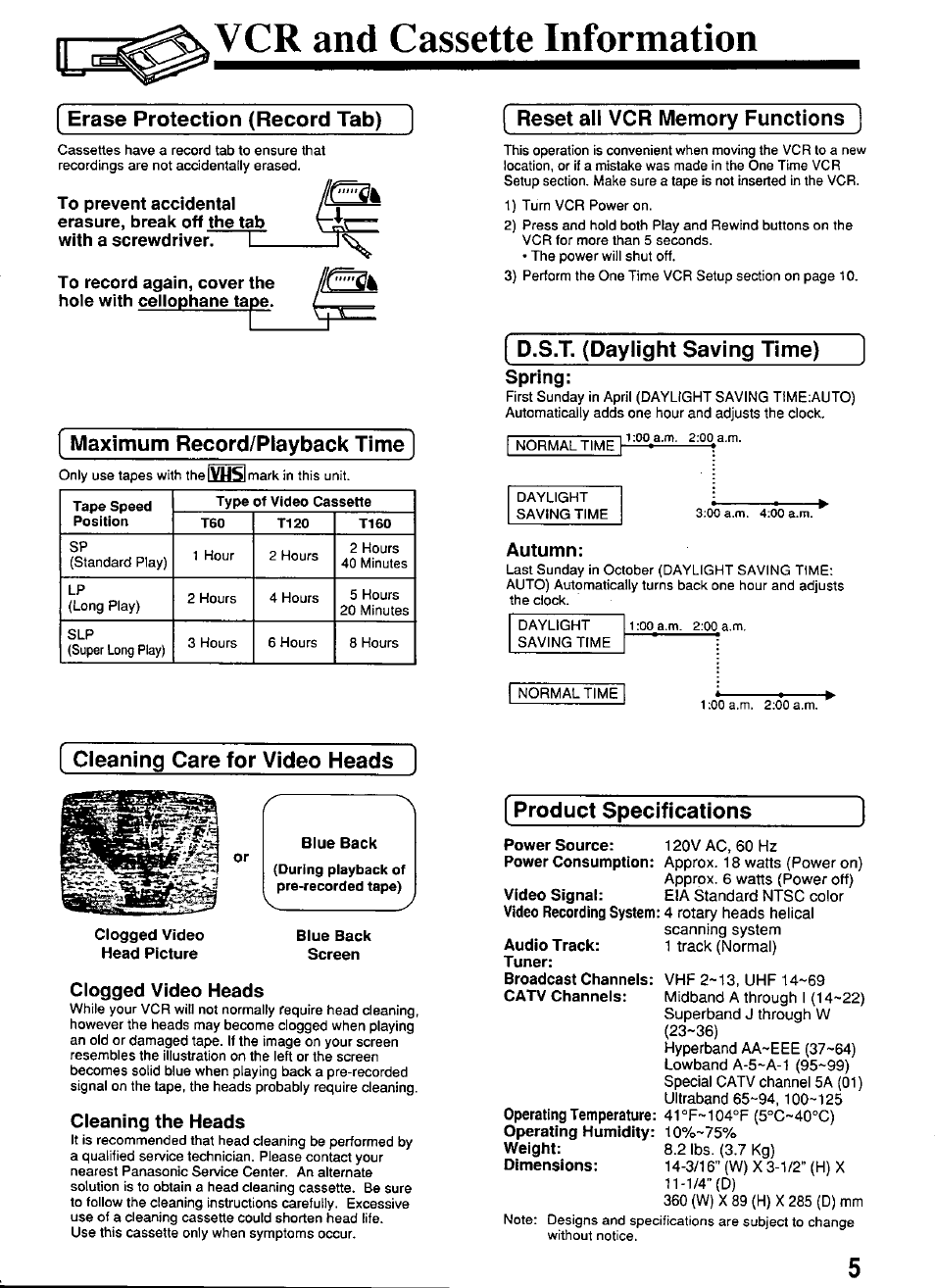 Vcr and cassette information, Erase protection (record tab), Maximum record/playback time | Reset all vcr memory functions, D.s.t. (daylight saving tirriej, Spring, Autumn, Cleaning care for video heads, Clogged video heads, Cleaning the heads | Panasonic PV-4614 User Manual | Page 5 / 32