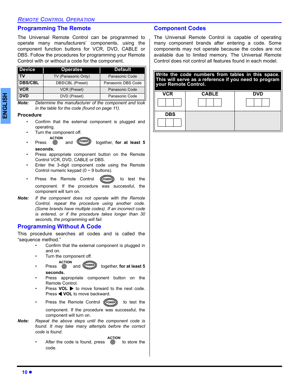 Programming the remote, Programming without a code, Component codes | En gli s h programming the remote | Panasonic CT 27SL33 User Manual | Page 12 / 81