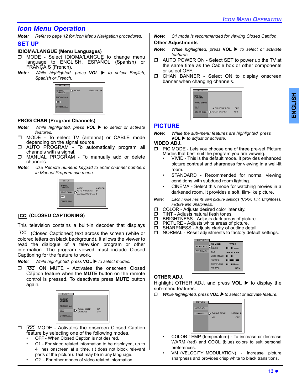 Icon menu operation, Set up, Picture | En gli s h, Prog chan (program channels), Other adjustments, Video adj | Panasonic CT 27SL33 User Manual | Page 15 / 81