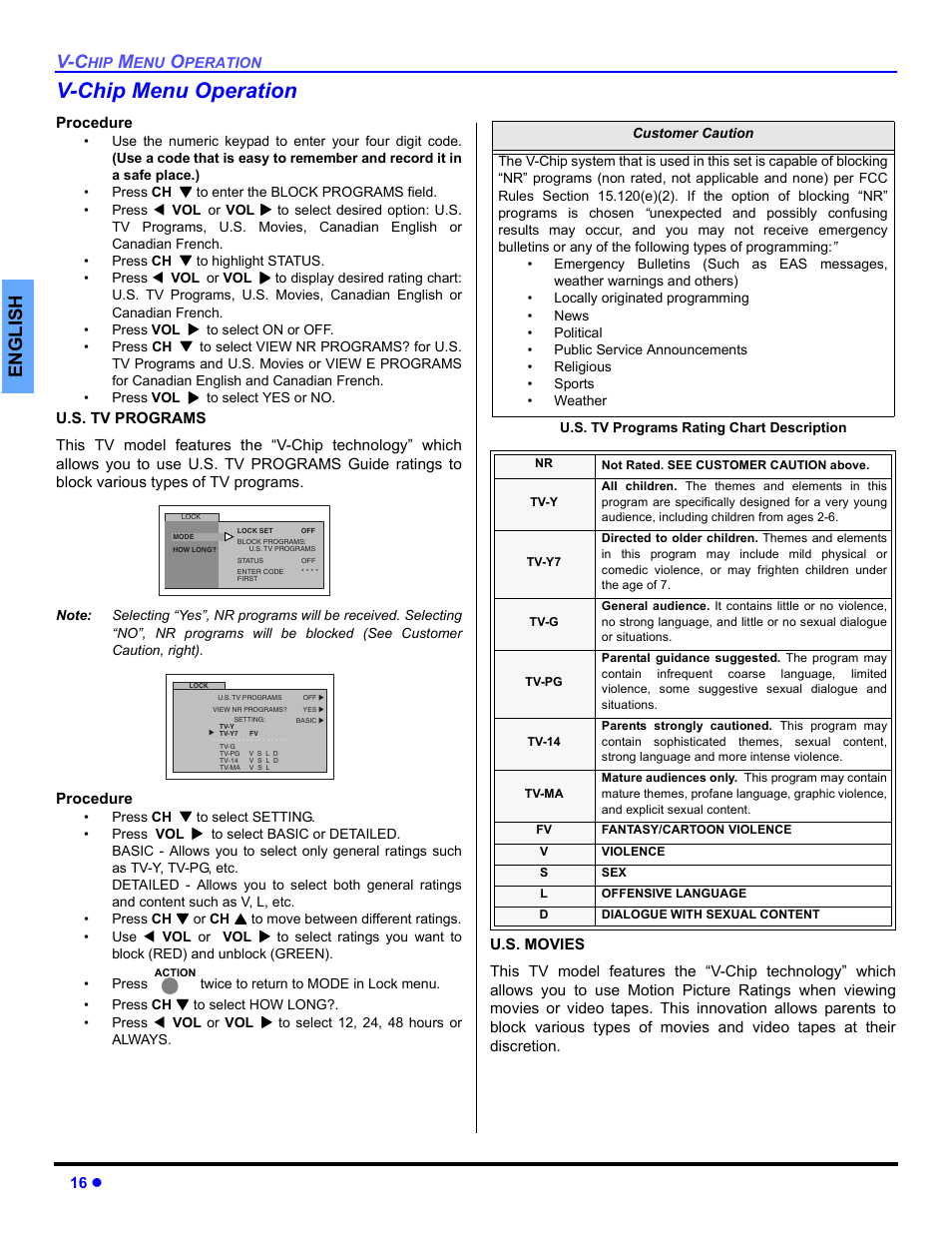V-chip menu operation, En gli s h | Panasonic CT 27SL33 User Manual | Page 18 / 81