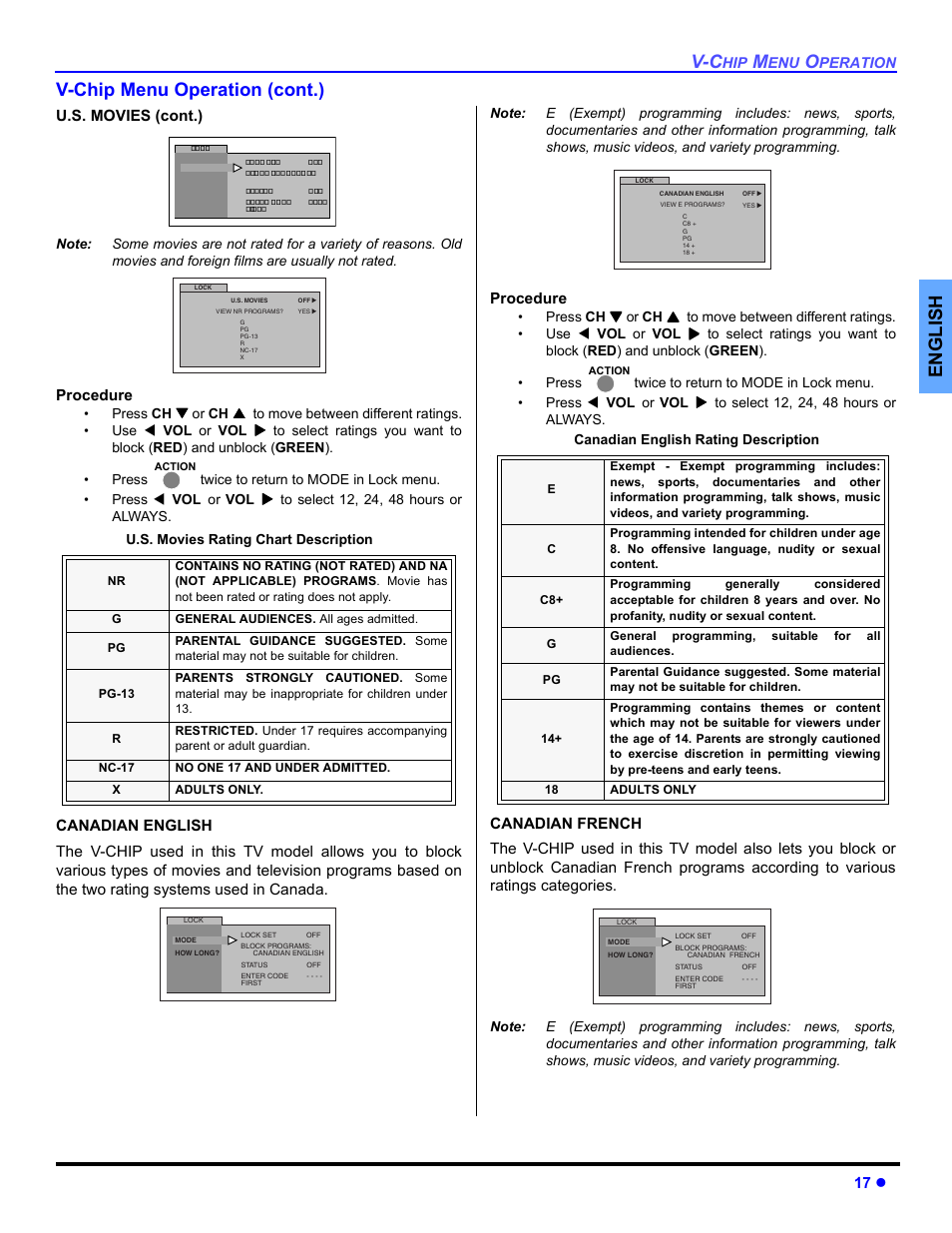 En gli s h v-chip menu operation (cont.), U.s. movies (cont.), Procedure | Panasonic CT 27SL33 User Manual | Page 19 / 81