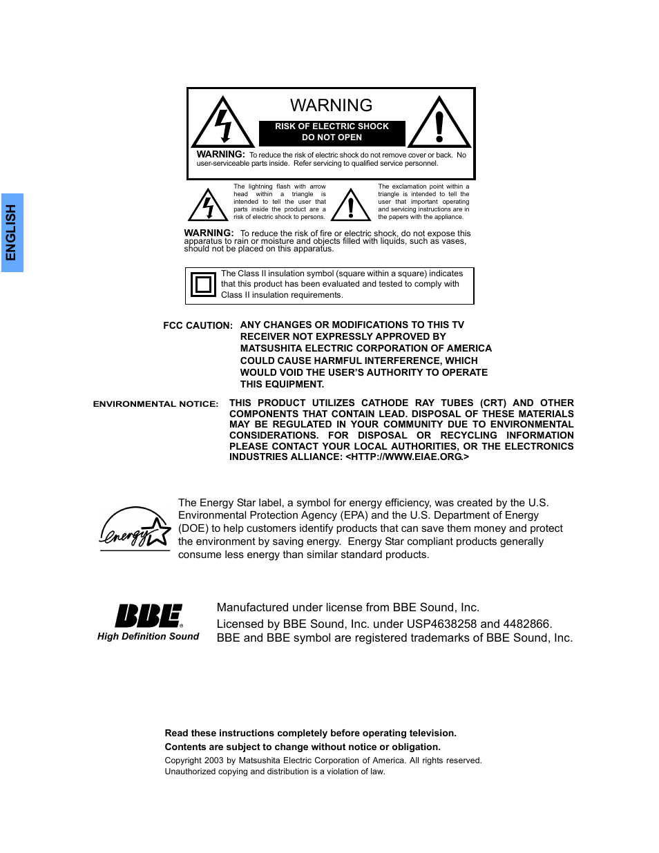 Warning, En gli s h | Panasonic CT 27SL33 User Manual | Page 2 / 81