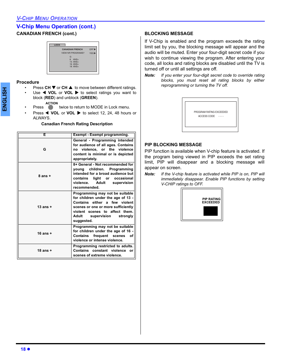 En gli s h v-chip menu operation (cont.) | Panasonic CT 27SL33 User Manual | Page 20 / 81