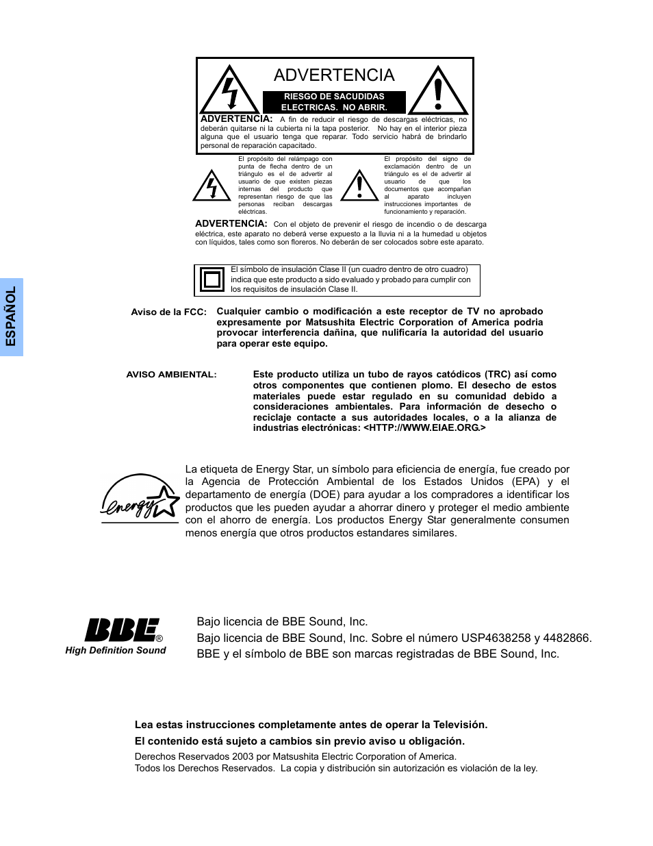 Advertencia, Es p añol | Panasonic CT 27SL33 User Manual | Page 26 / 81