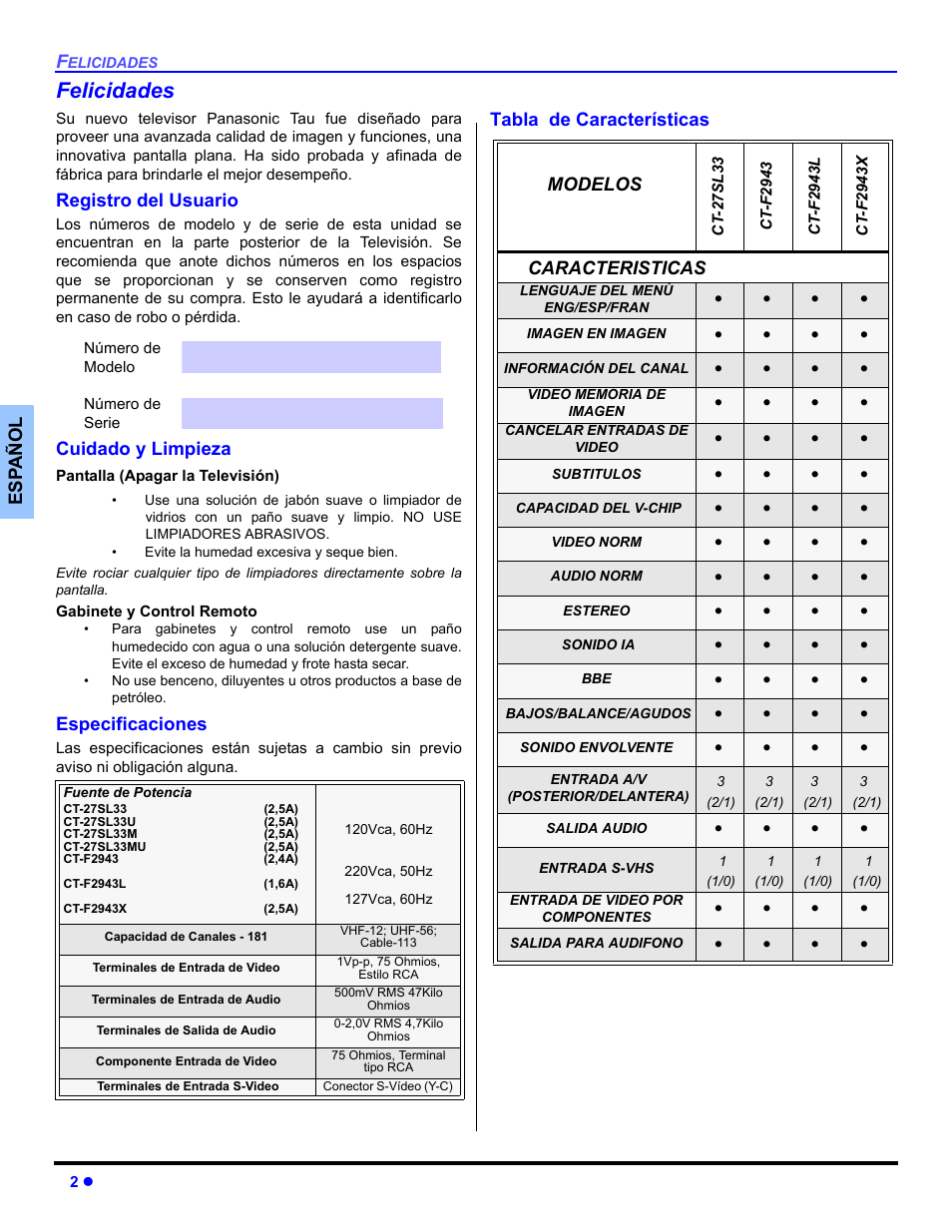 Felicidades, Registro del usuario, Cuidado y limpieza | Especificaciones, Tabla de caracteristicas | Panasonic CT 27SL33 User Manual | Page 28 / 81