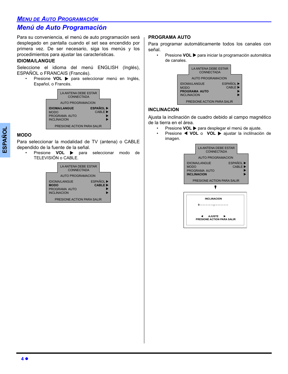 Menu de auto programacion, Menú de auto programación, Es p añol | Panasonic CT 27SL33 User Manual | Page 30 / 81