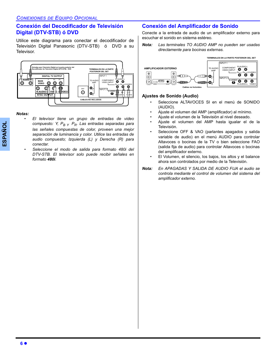 Conexion del decodificador de television digital, Conexion del amplificador de sonido, Conexión del amplificador de sonido | Ajustes de sonido (audio), Onexiones, Quipo, Pcional | Panasonic CT 27SL33 User Manual | Page 32 / 81