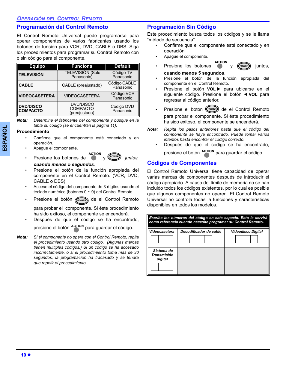 Progrmando el control remoto, Programacion sin codigo, Codigos de componentes | Es p añol programación del control remoto, Programación sin código, Códigos de componentes | Panasonic CT 27SL33 User Manual | Page 36 / 81