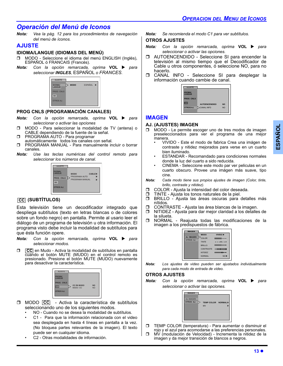 Operacion del menu de iconos, Ajuste, Imagen | Operación del menú de iconos, Es p añol | Panasonic CT 27SL33 User Manual | Page 39 / 81