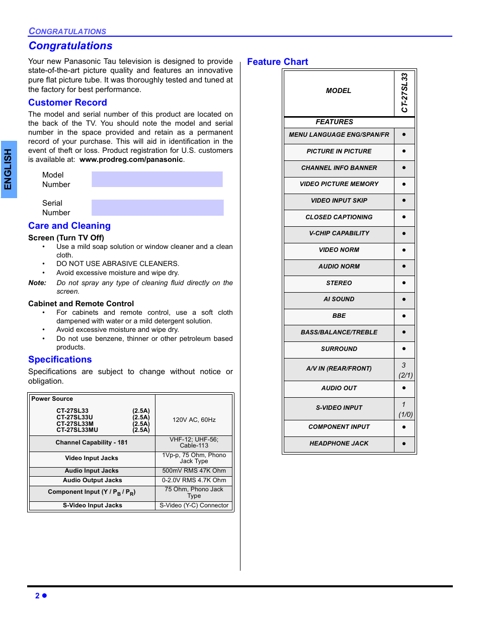 Congratulations, Customer record, Care and cleaning | Specifications, Feature chart | Panasonic CT 27SL33 User Manual | Page 4 / 81