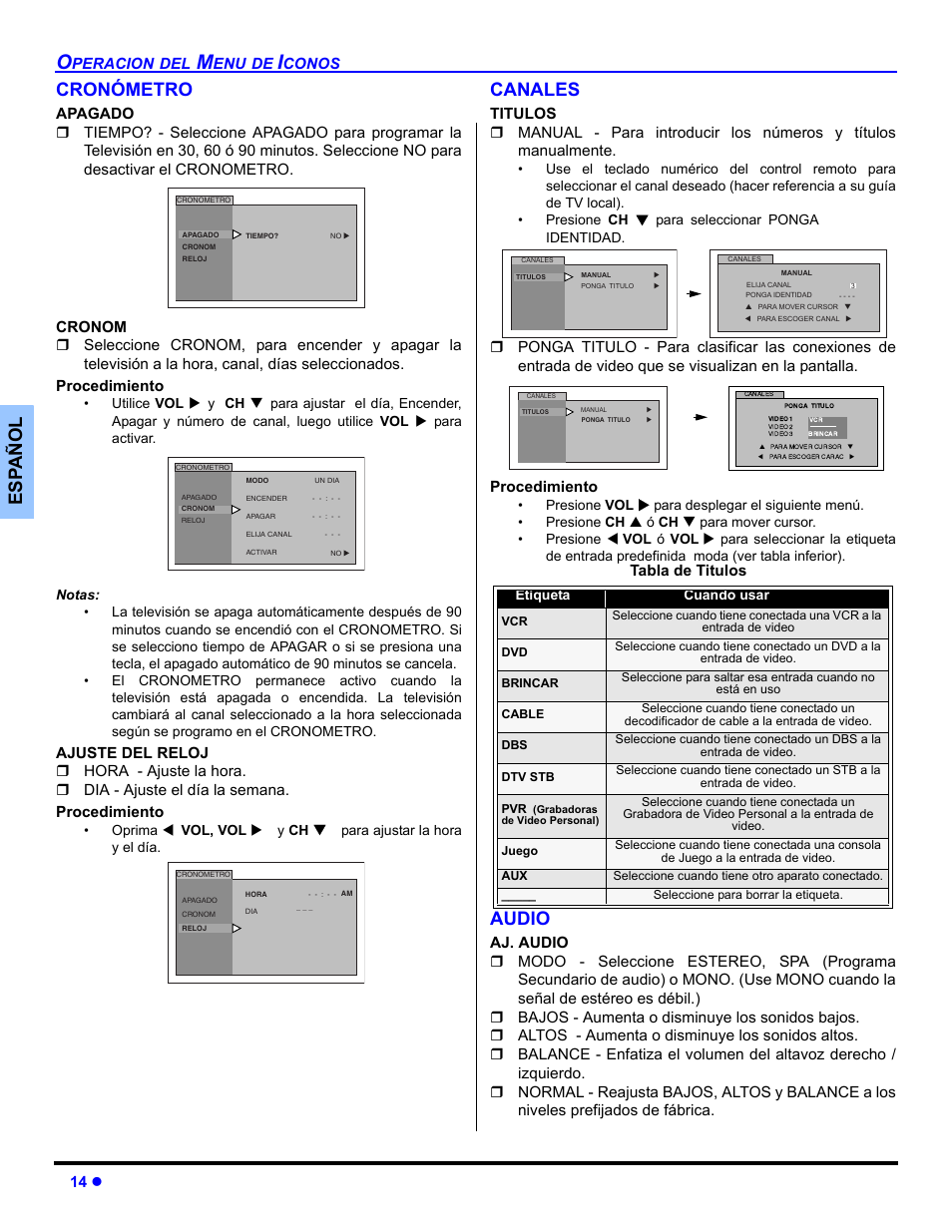 Cronometro, Canales, Audio | Es p añol cronómetro | Panasonic CT 27SL33 User Manual | Page 40 / 81