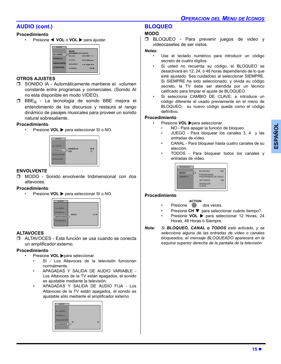 Bloqueo, Es p añol audio (cont.) | Panasonic CT 27SL33 User Manual | Page 41 / 81