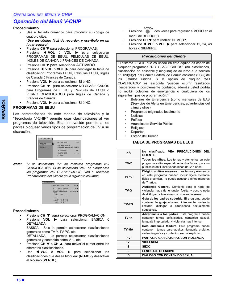 Operacion del menu de v-chip, Operación del menú v-chip | Panasonic CT 27SL33 User Manual | Page 42 / 81