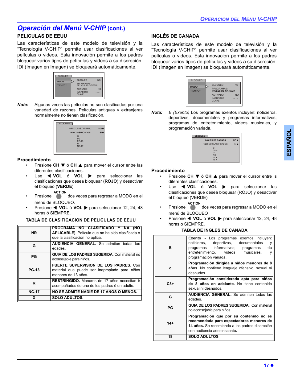 Operación del menú v-chip, V-chip, Es p añol | Cont.), 17 z, Procedimiento | Panasonic CT 27SL33 User Manual | Page 43 / 81