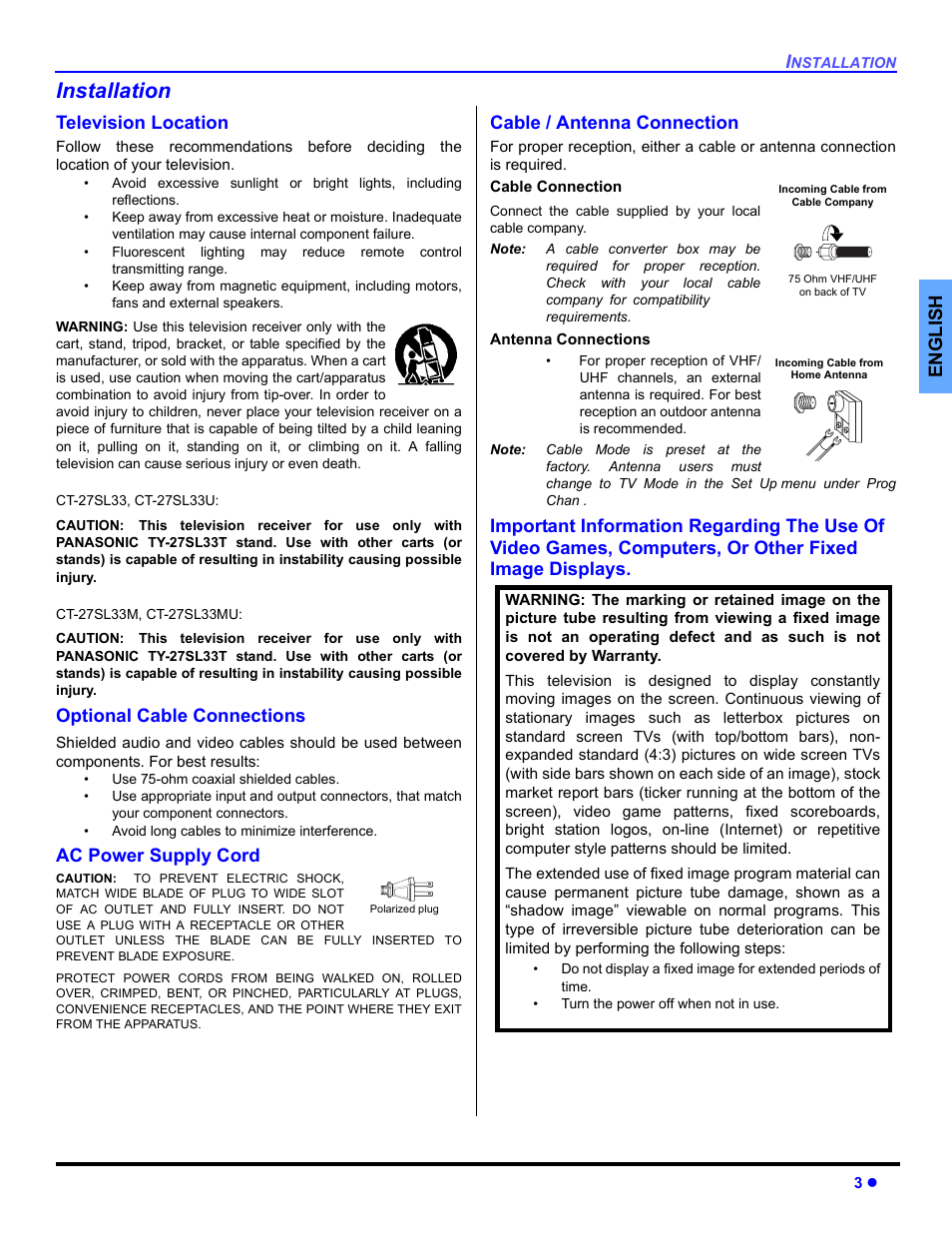Installation, Television location, Optional cable connections | Ac power supply cord, Cable / antenna connection, En gli s h | Panasonic CT 27SL33 User Manual | Page 5 / 81