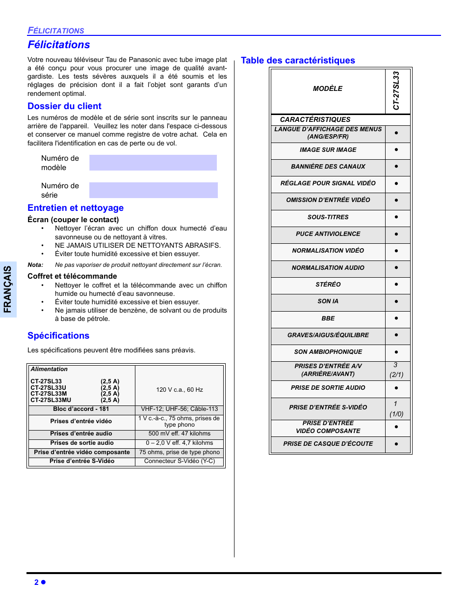 Felicitations, Dossier du client, Entretien et nettoyage | Specifications, Table des caracteristiques, Félicitations, Françai s | Panasonic CT 27SL33 User Manual | Page 52 / 81