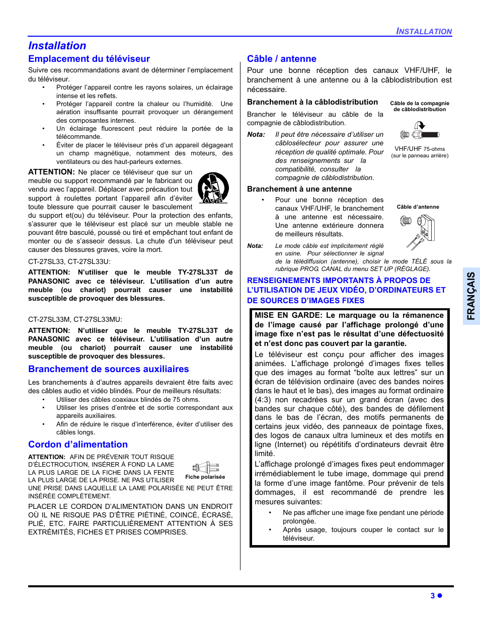 Installation, Emplacement du televiseur, Branchement de sources auxiliaires | Cordon d'alimentation, Cable / antenne, Françai s, Emplacement du téléviseur, Cordon d’alimentation, Câble / antenne | Panasonic CT 27SL33 User Manual | Page 53 / 81
